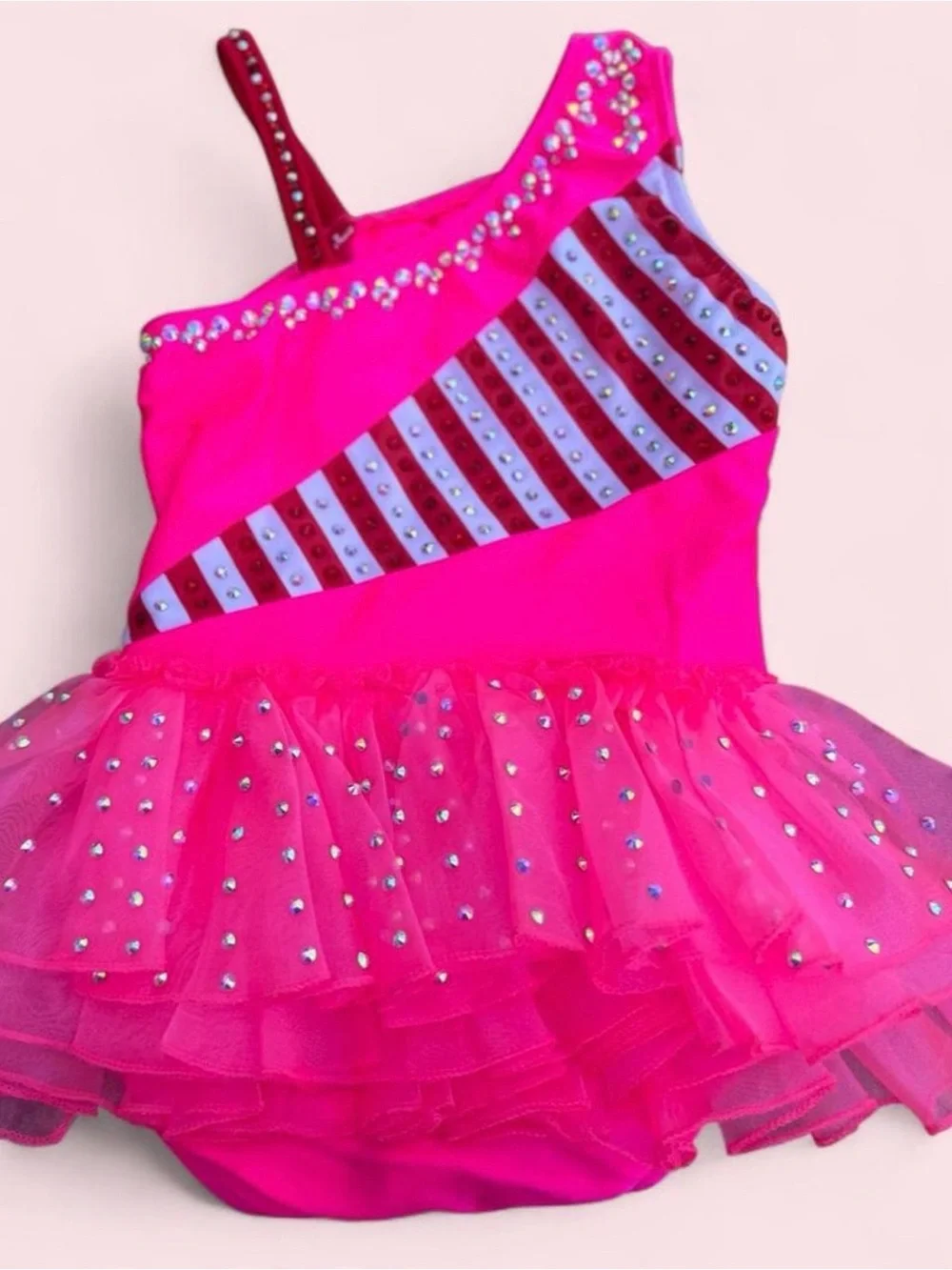 Glamour Hot Pink Candy Stripe Tutu Leotard w Red Bow Dance Halloween Costume SzS